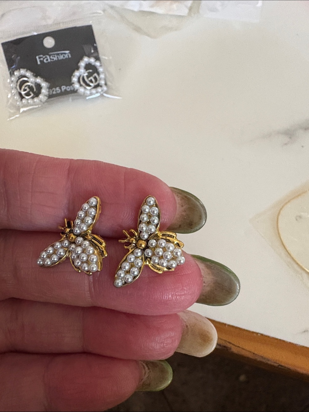 Gold Pearl Butterfly Stud Earrings -